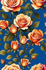 Roses on blue background cartoonish seamless pattern