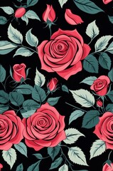 Roses on black background cartoonish seamless pattern