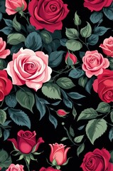 Roses on black background cartoonish seamless pattern