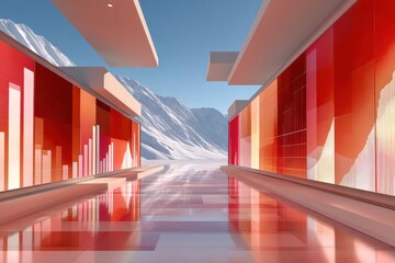 Futuristic corridor with vibrant red charts in a snowy mountainous landscape