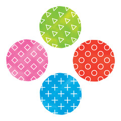 Rounded corner, three circles, three circles, three triangles, four squares, four squares, and a butt. Red, blue, yellow, green, pink.
Fat, ▲, ■, ×.
