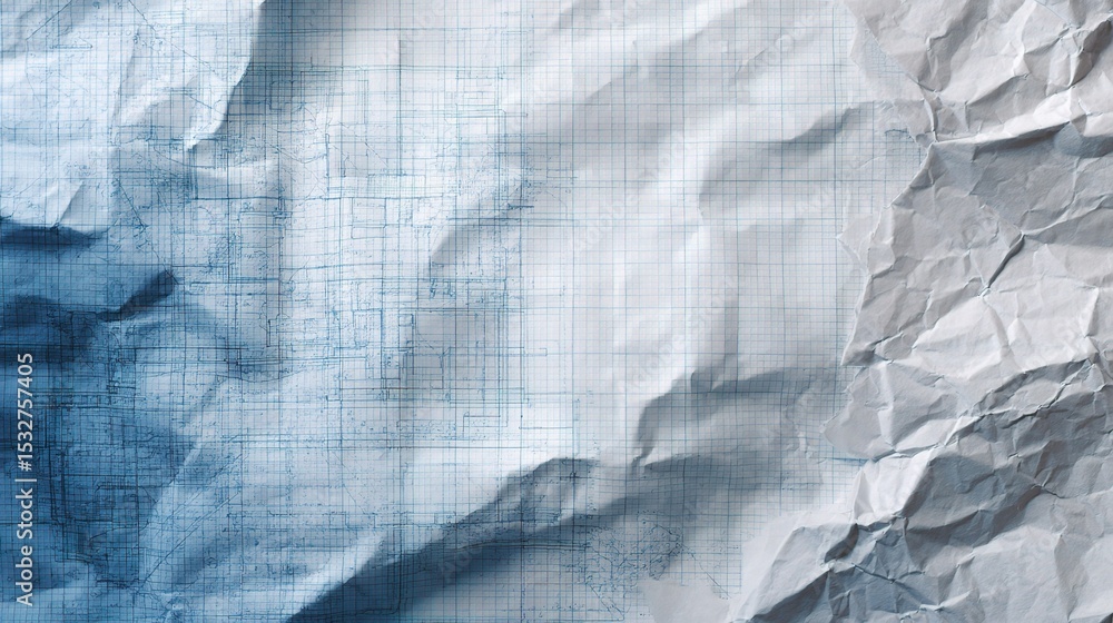 Poster crumpled blueprint with faint grid lines on textured background