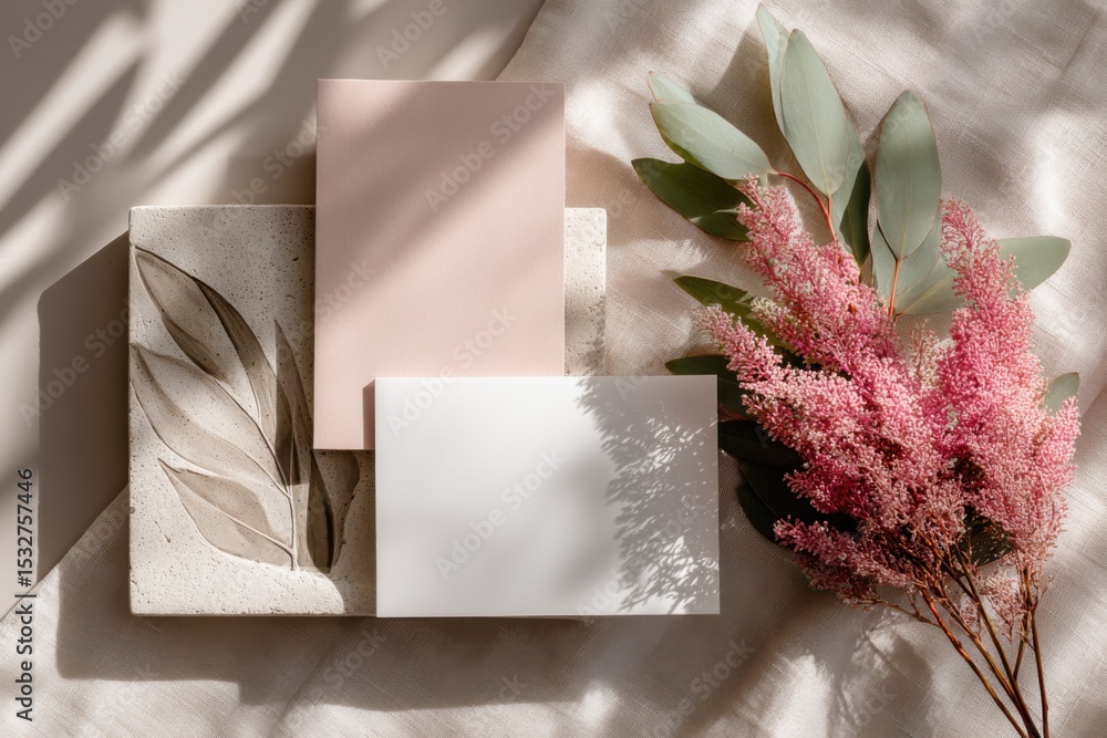 Poster elegant stationery mockup with pink flowers and leaf shadow, ideal for branding and creative present