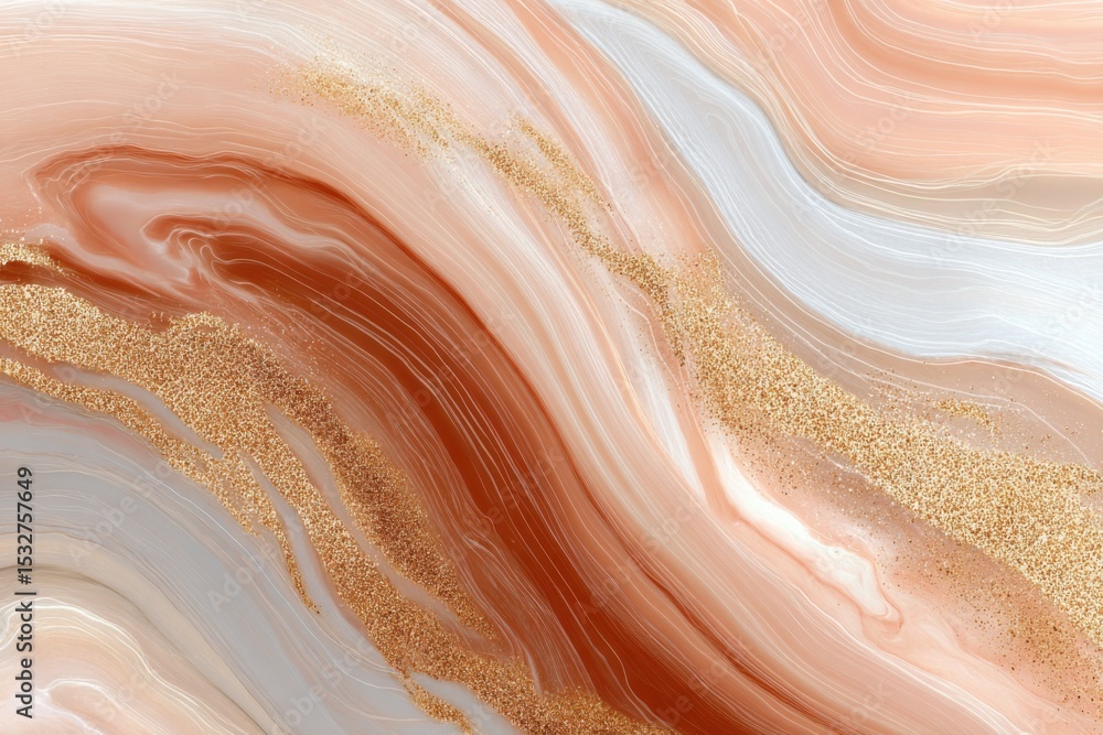 Poster abstract swirls of peach and white with gold glitter, ideal for luxury branding and creative present