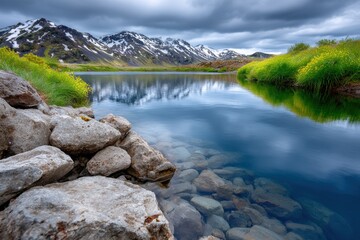 Obraz premium Idyllic Mountain Lake Reflecting Snow-Capped Peaks Under Cloudy Sky, Ideal for Travel Destination and Environmental Awareness Campaigns : Generative AI