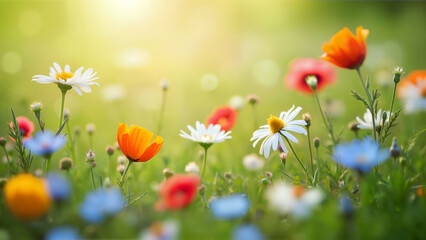 Colorful wildflowers meadow scene. Useful for nature, spring, or floral background in web or print projects.
