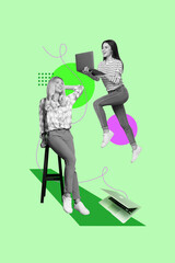 3d poster image full pop art collage of happy businesswoman businessman hold laptop freelancer occupation manager job workload