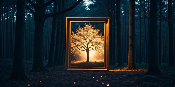 A Framed Sunrise Tree in a Dark Forest