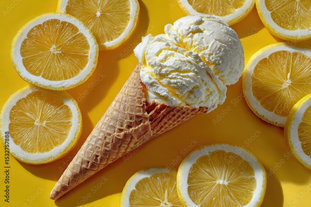 Poster Lemon Ice Cream Cone Surrounded by Lemon Slices on Yellow Background, Representing Summer Refreshment and Healthy Eating Choices : Generative AI