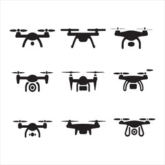 Collection of Various Drone Models, A set of nine simple, black silhouettes of different drone models vector art on white