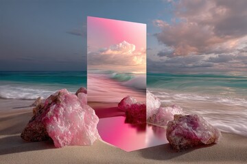 Rose Quartz and Mirror on Beach at Sunset, Evoking Serenity and Spiritual Healing in Coastal Wellness Retreats : Generative AI