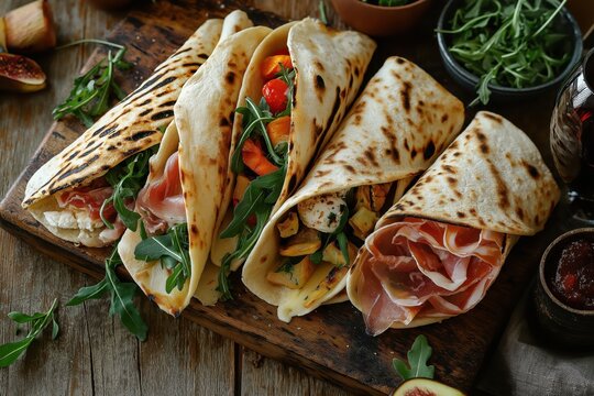 Rustic Italian Piadina Served With Wine, Cheese, Meats, and Herbs