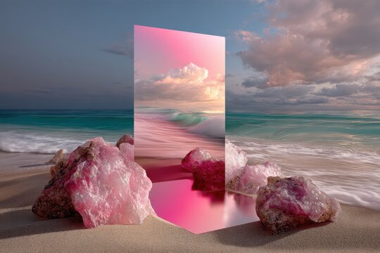 Rose Quartz and Mirror on Beach at Sunset, Evoking Serenity and Spiritual Healing in Coastal Wellness Retreats : Generative AI