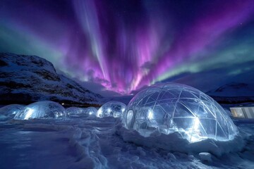 Colorful northern lights illuminate igloos in a snowy landscape at night