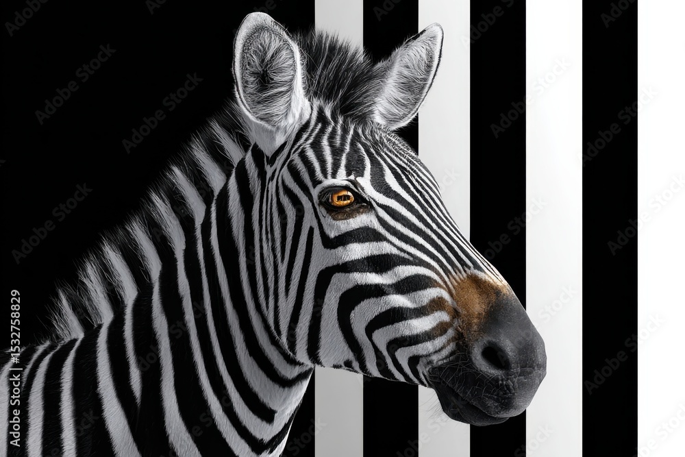 Poster striking zebra portrait against graphic black and white stripes, symbolizing individuality and creat