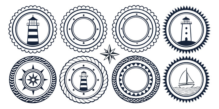 Nautical Themed Vector Badges and Seals Featuring Lighthouses a Sailboat a Compass Rose and Decorative Circular Frames in a Black and White Color Scheme