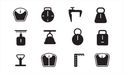 Vector Icons of Various Measuring and Weighing Tools, A collection of black and white vector icons representing different measuring and weighing tools vector art on white
