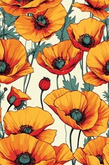 Poppies on yellow background cartoonish seamless pattern