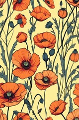 Poppies on yellow background cartoonish seamless pattern