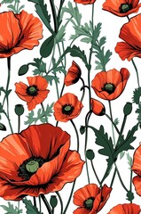 Poppies on white background cartoonish seamless pattern
