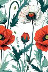 Poppies on white background cartoonish seamless pattern