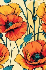 Poppies on yellow background cartoonish seamless pattern
