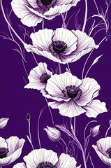 Poppies on purple background cartoonish seamless pattern