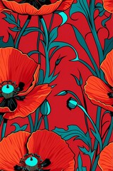 Poppies on red background cartoonish seamless pattern