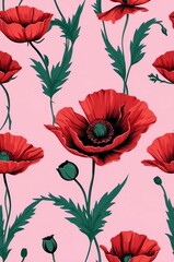 Poppies on pink background cartoonish seamless pattern