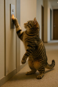 Adorable tabby cat standing on its hind legs, pressing an elevator button with curiosity.