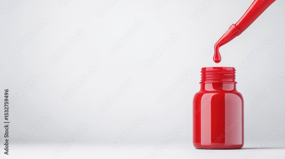 Poster drop of red liquid falling from a dropper into a small bottle