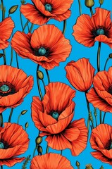 Poppies on blue background cartoonish seamless pattern