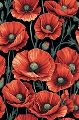 Poppies on black background cartoonish seamless pattern