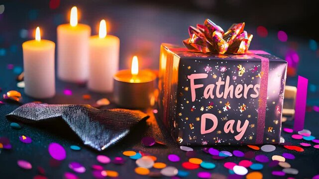 Elegant tie box with gift wrap placed next to candles and confetti under a vibrant text "Fathers Day" decoration
