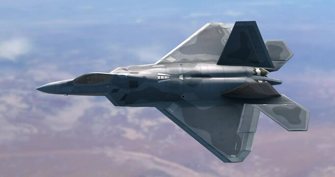 Military Fighter Jet at Top Speed Over Rugged Land. War And Air Force Related 4K 3D Animation.