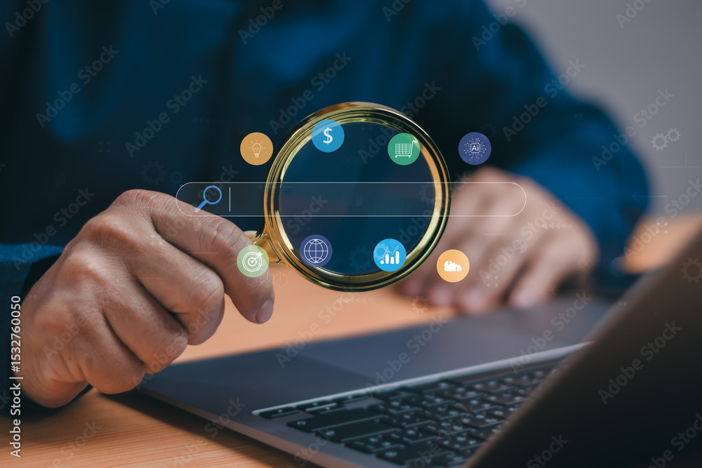 Poster man hand holding magnifying glass while using laptop, show search for information or job online by c