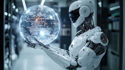 Futuristic Robot Holding a Holographic Earth Globe
