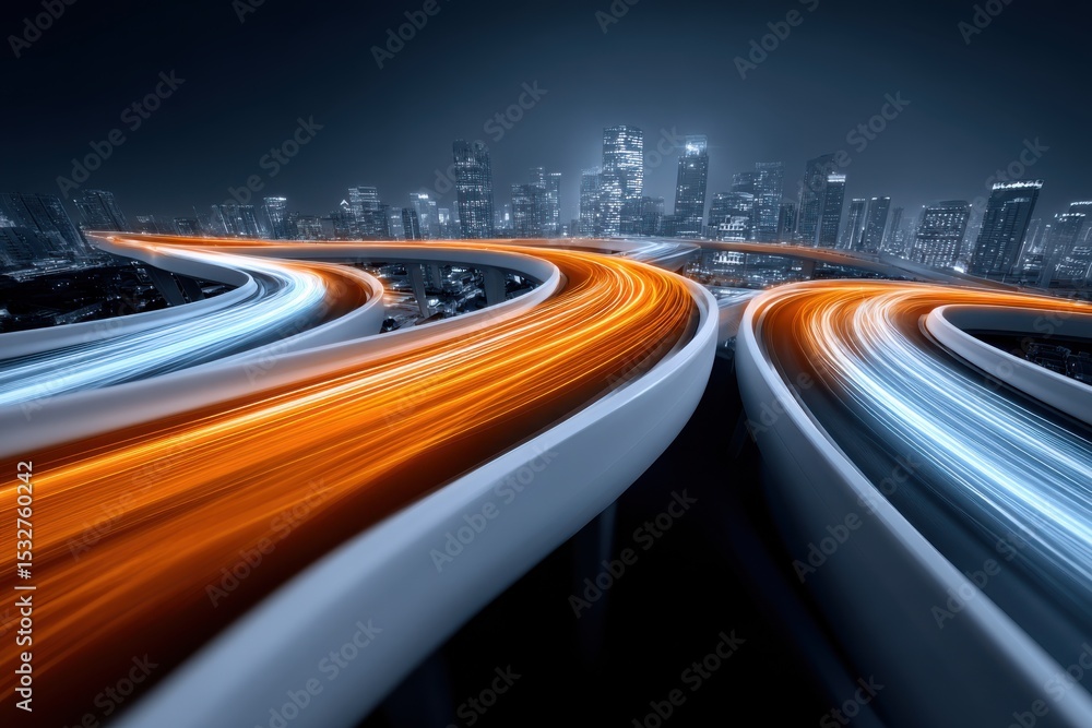 Poster futuristic cityscape with flowing light trails at night, representing innovation and high-speed conn
