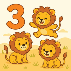 Fototapeta premium Playful Cartoon Lions and the Number Three: A Whimsical Counting Adventure. This delightful image features three adorable cartoon lions and the number three, creating a fun learning experience.