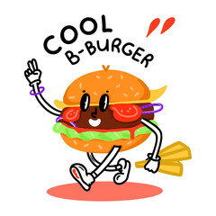 Mascot funny burger with face. Cartoon hand drawn hamburger with fries like bad boy. Vector illustration on a white background.