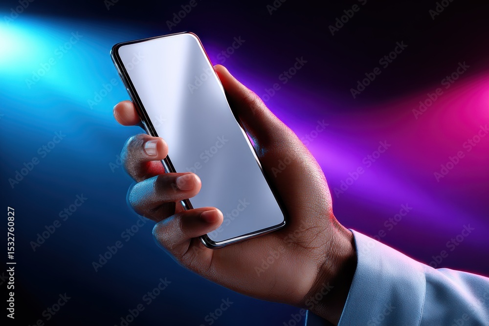 Poster person holding smartphone with blank screen in hand, showcasing mobile technology and digital commun