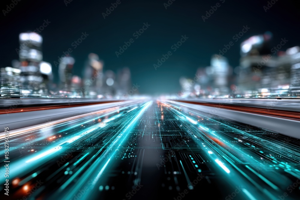 Poster futuristic cityscape with glowing data streams, illustrating technological advancement and digital t