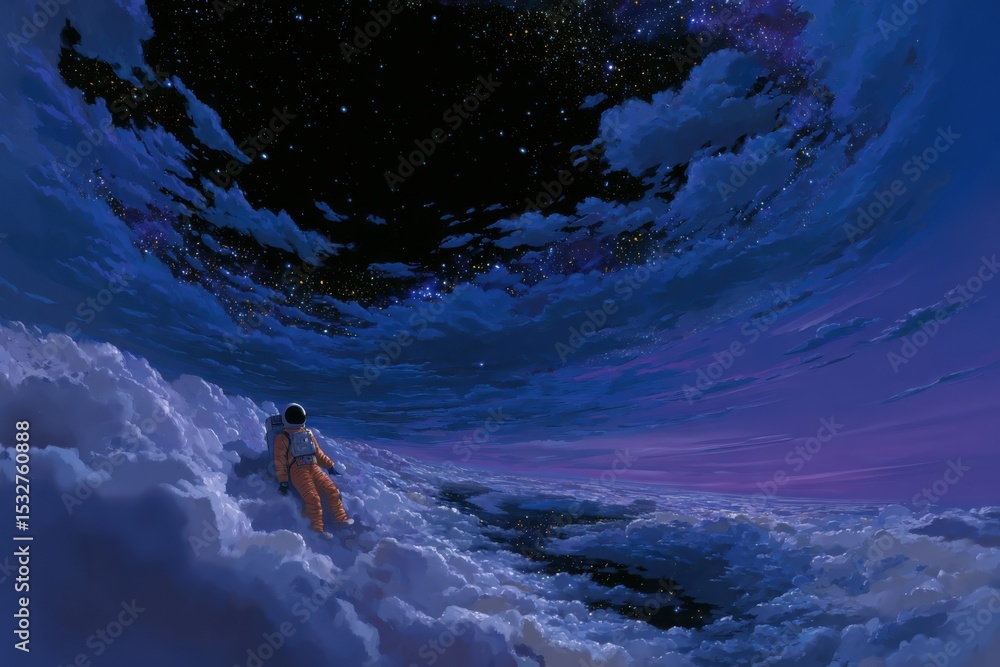 Poster astronaut looking up at starry sky from cloud top, evoking exploration and discovery in a dreamlike 