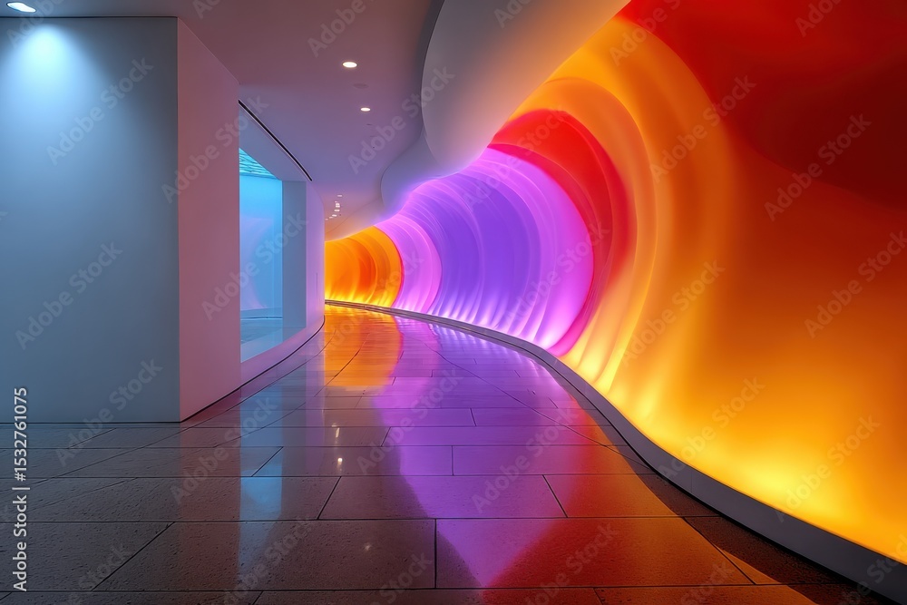 Poster illuminated corridor with vibrant colors and reflections, showcasing modern architecture and innovat