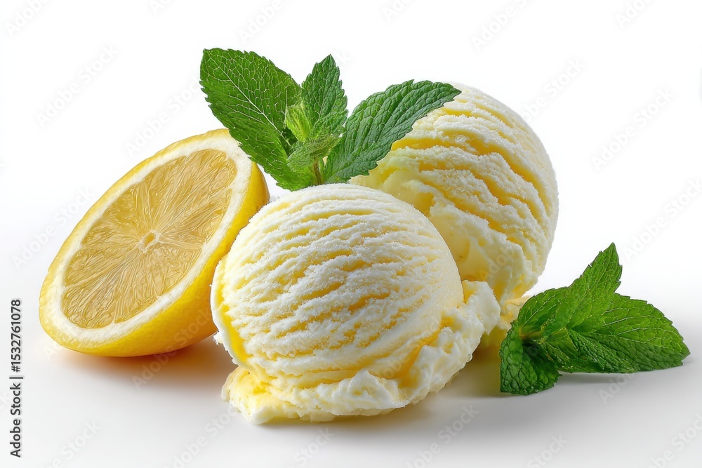 Poster lemon ice cream scoops with mint garnish, representing summer refreshment and culinary indulgence fo