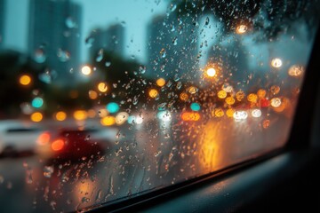 Raindrops on Car Window at Night With City Lights, Representing Urban Life and Commuting During Inclement Weather : Generative AI