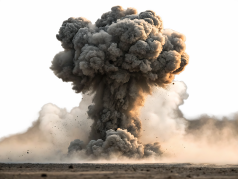 A large mushroom cloud rising from the ground with smoke and dust filling the air after a blast event