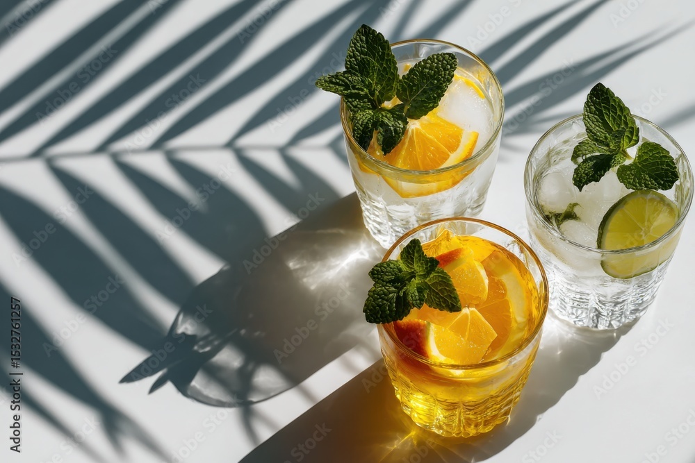 Aufkleber refreshing citrus drinks with ice and mint on white table, symbolizing summer relaxation and healthy