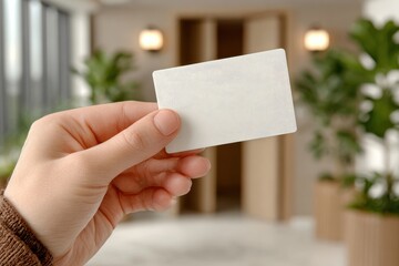 Hand Holding Blank White Card in Bright Lobby, Representing Business Networking and Promotional Marketing Opportunities : Generative AI