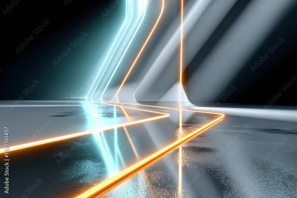 Poster abstract neon light installation in futuristic room, evoking innovation and technological advancemen